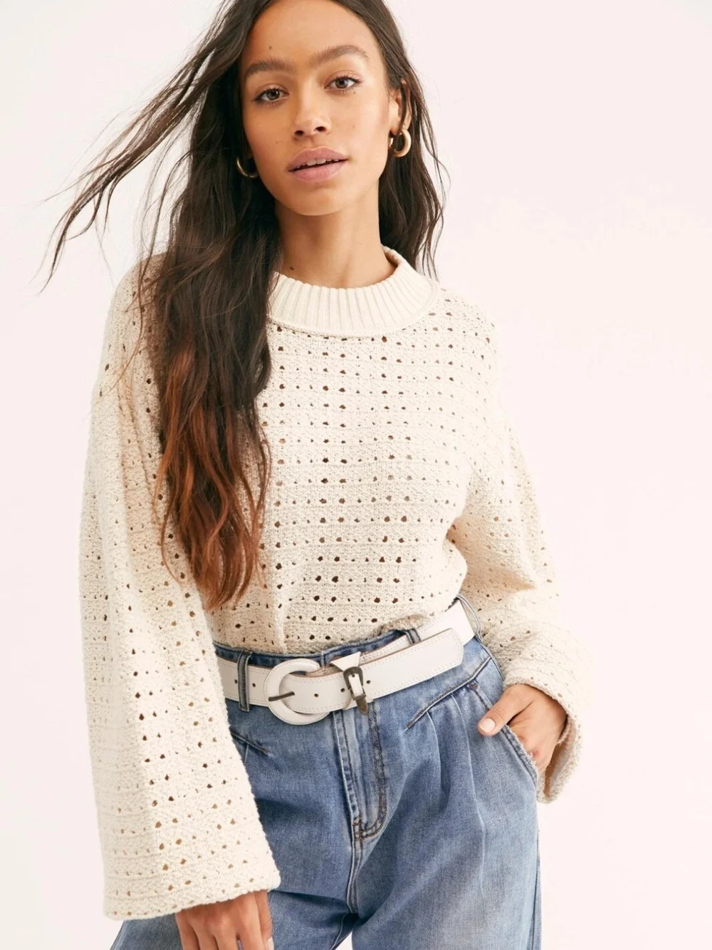 Free People Paper Doll Open Knit Chunky  Ivory Pullover Sweater Size‎ Medium
